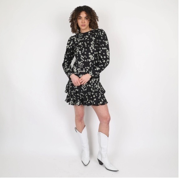 Brogger Dress Nancy Mini Ruffle Tiered Long Sleeve in Black Daisy Floral - Picture 1 of 9